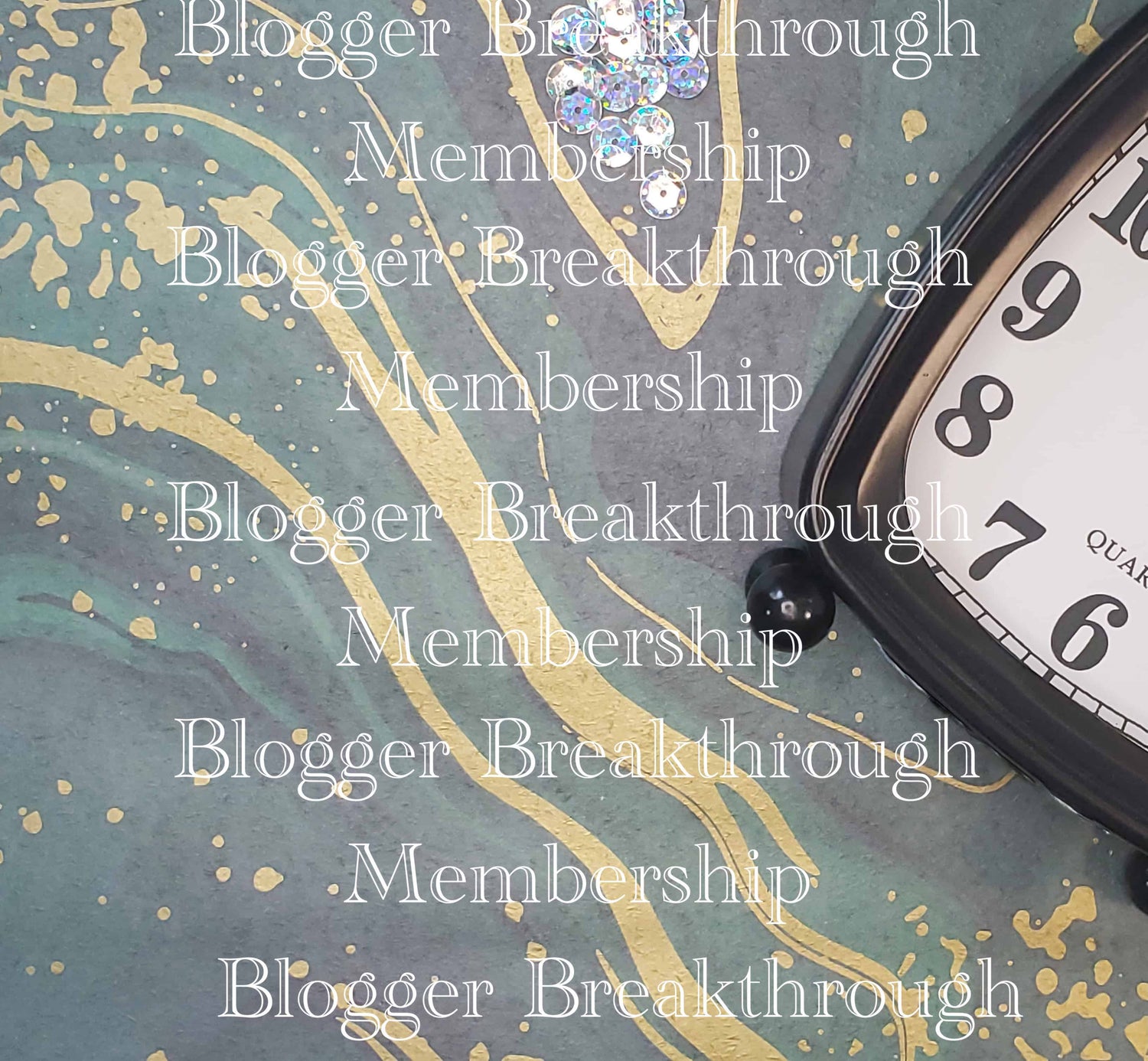 A clock on a gold background with the words &quot;Health and New Year Theme Stock Photos (set of 5)&quot; - perfect for stock photos by Blogger Breakthrough Summit.