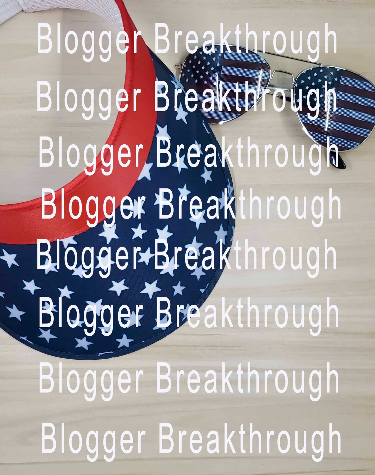 A pair of sunglasses with a stars and stripes pattern resting on a wooden surface, with a red and blue sports bra above and text overlays reading &quot;Blogger Breakthrough Summit Summer Themed Stock Photos (set of 10).