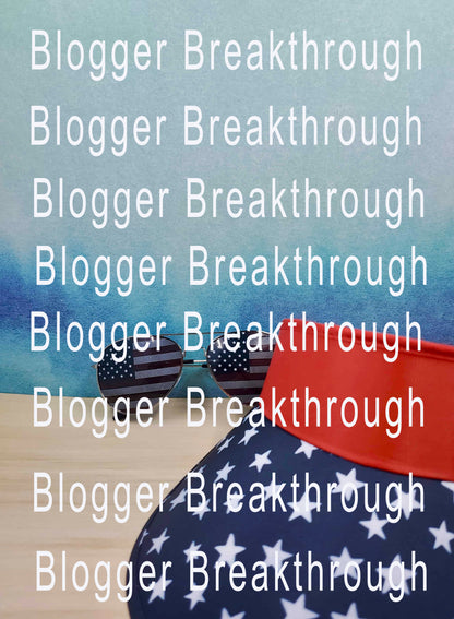 A fabric with a high-quality Blogger Breakthrough Summit Summer Themed Stock Photo of an American flag pattern partially covering a surface with repeated &quot;blogger breakthrough&quot; text.