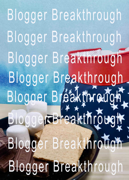 Sentence with product and brand names: A keyboard, a pair of glasses, a notepad, and a sandwich with the scattered text &quot;Blogger Breakthrough Summit&quot; overlaying this high-quality Summer Themed Stock Photo (set of 10).