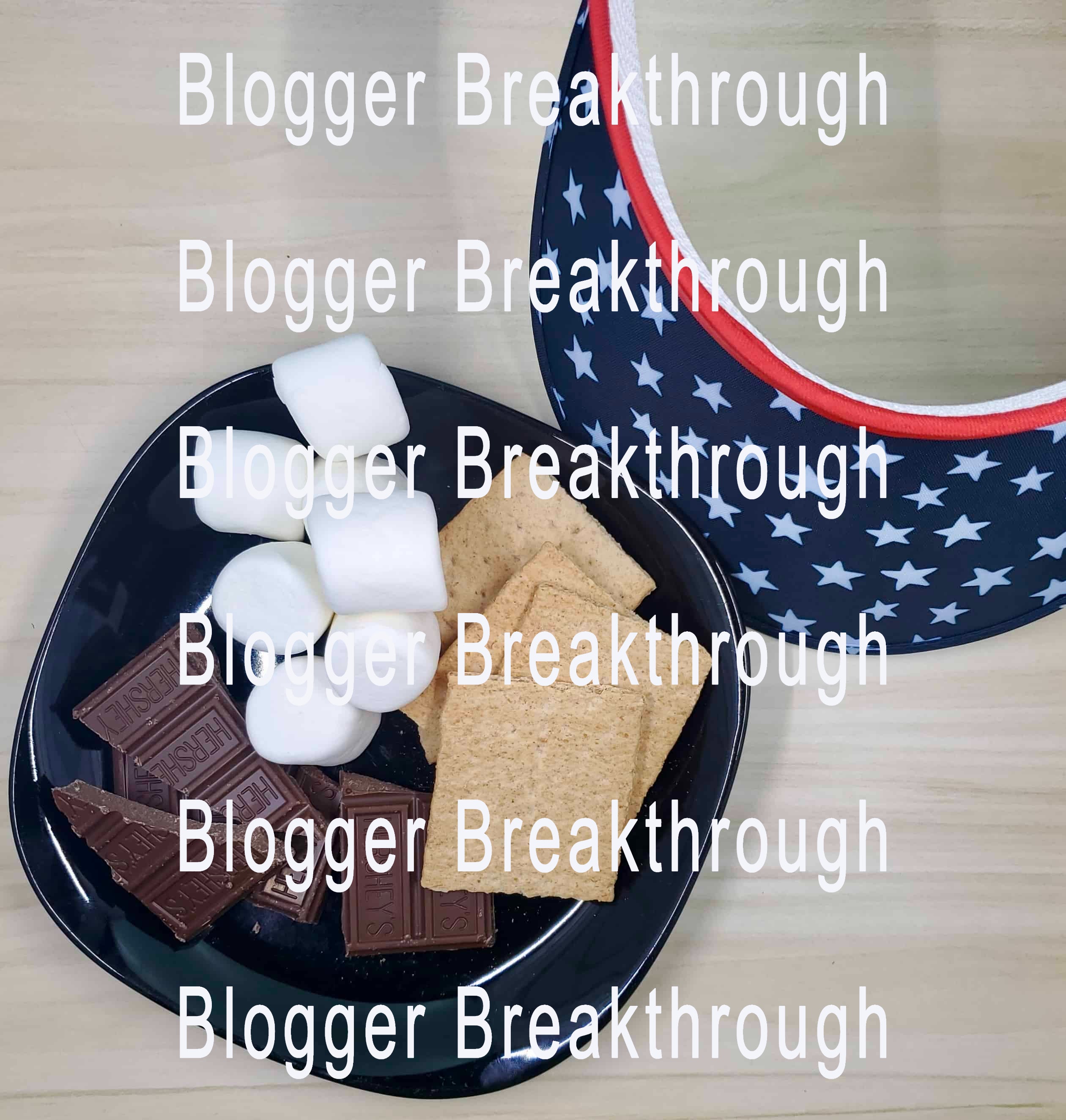 A plate with chocolate bars, biscuits, and marshmallows next to a Blogger Breakthrough Summit Summer Themed Stock Photos (set of 10) hat is perfect for making your blog stand out.