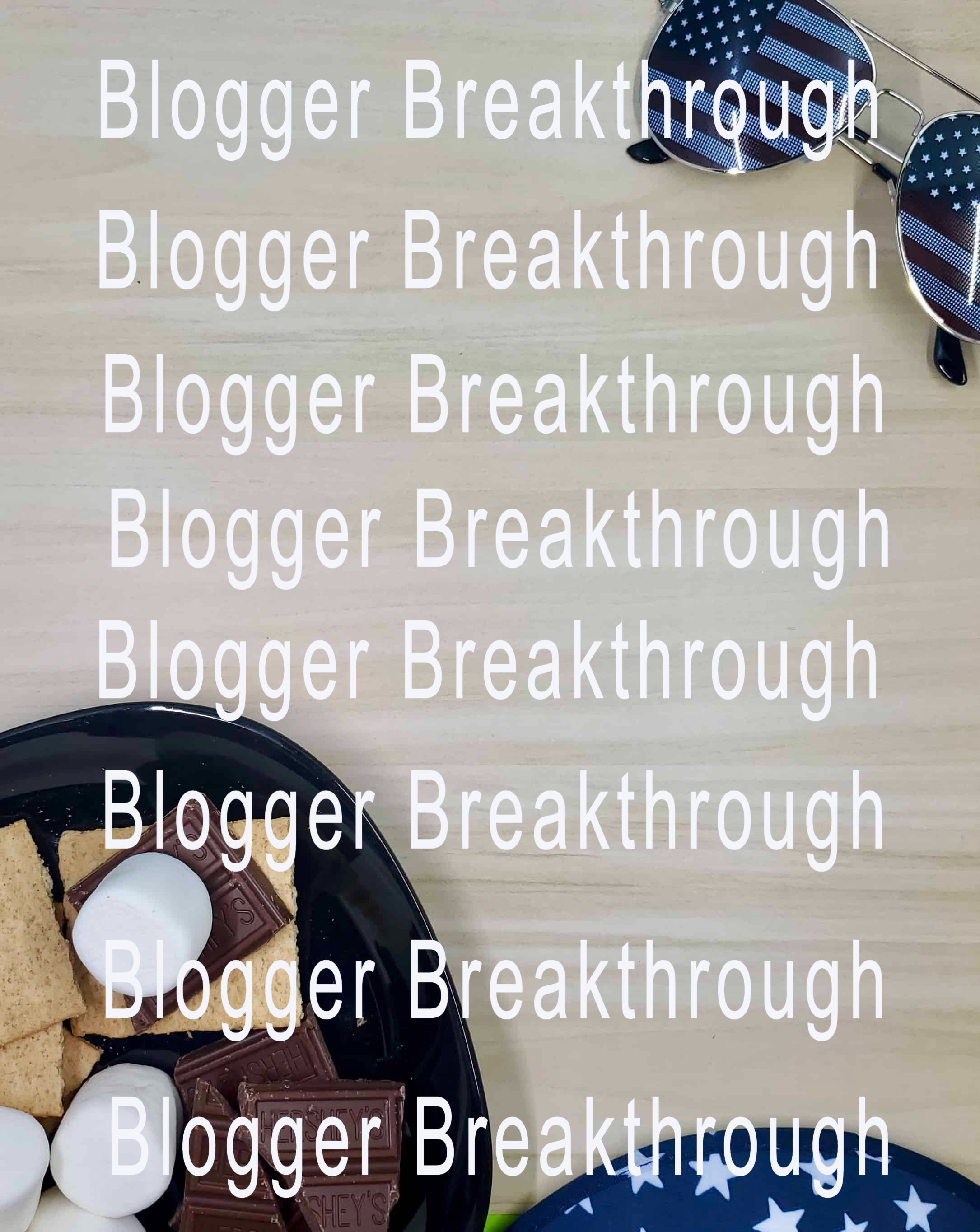 A plate of cookies and sunglasses on a wooden surface overlaid with the repeated text &quot;Summer Themed Stock Photos (set of 10) stand out Blogger Breakthrough Summit&quot;.