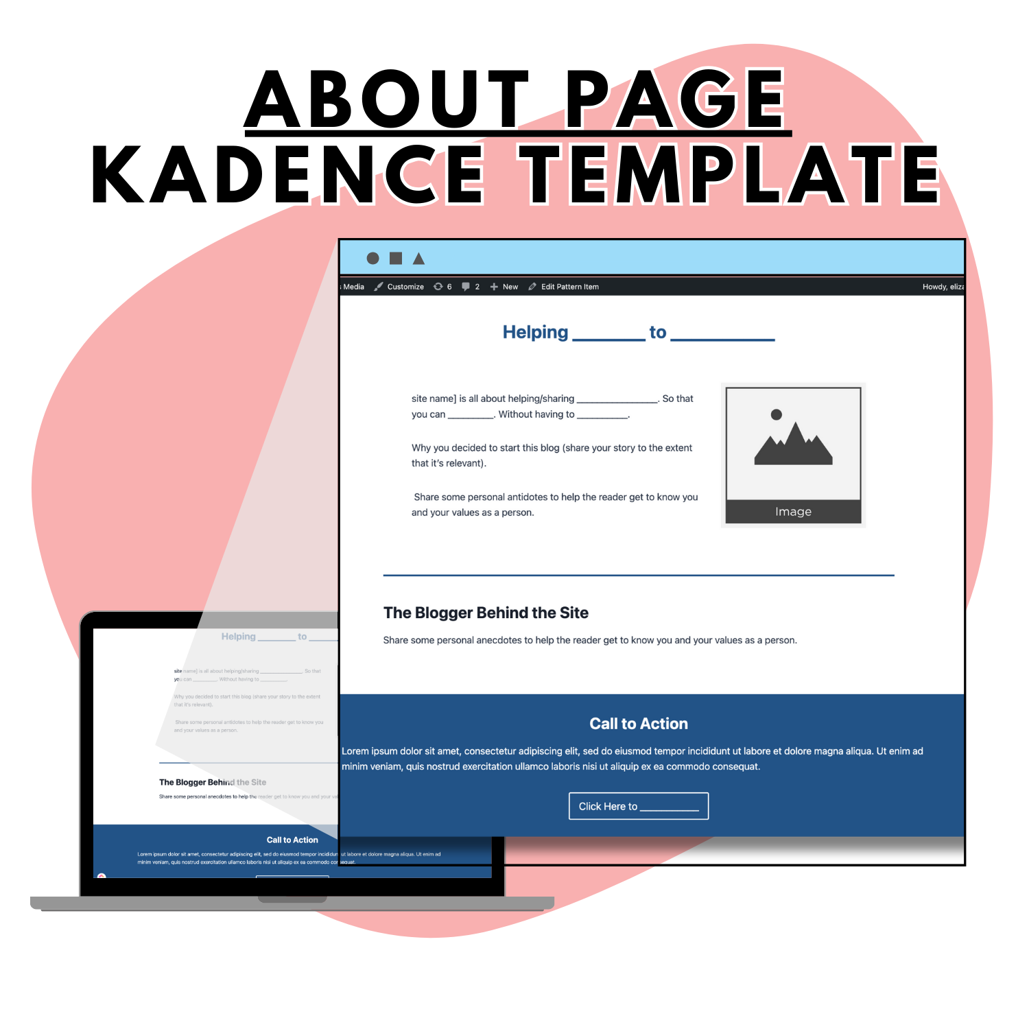 A laptop and desktop display an &quot;About Page Kadence Template&quot; featuring a blog layout with sections for helping, blogger information, and a call to action. The &quot;Kadence Template Bundle&quot; from Blogger Breakthrough Summit features this sleek design which leverages Kadence Blocks to create an engaging opt-in landing page, perfect for driving user engagement.