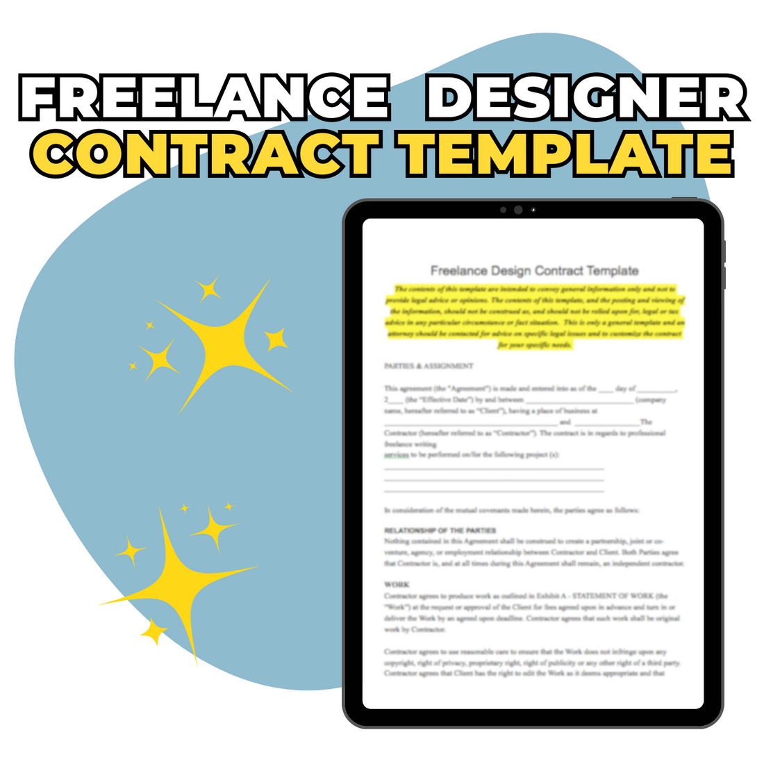Graphic promoting an ElizabethStapleton.com Freelance Designer Contract Template, featuring an image of a digital tablet displaying the contract, adorned with star graphics on a blue background.