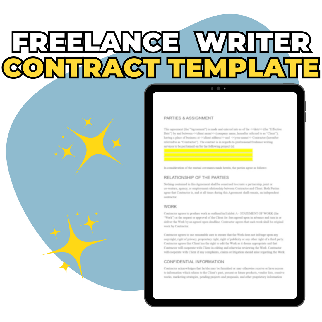 Graphic featuring a digital tablet displaying an ElizabethStapleton.com Freelance Writer Contract Template highlighted, with stars and a teal background.