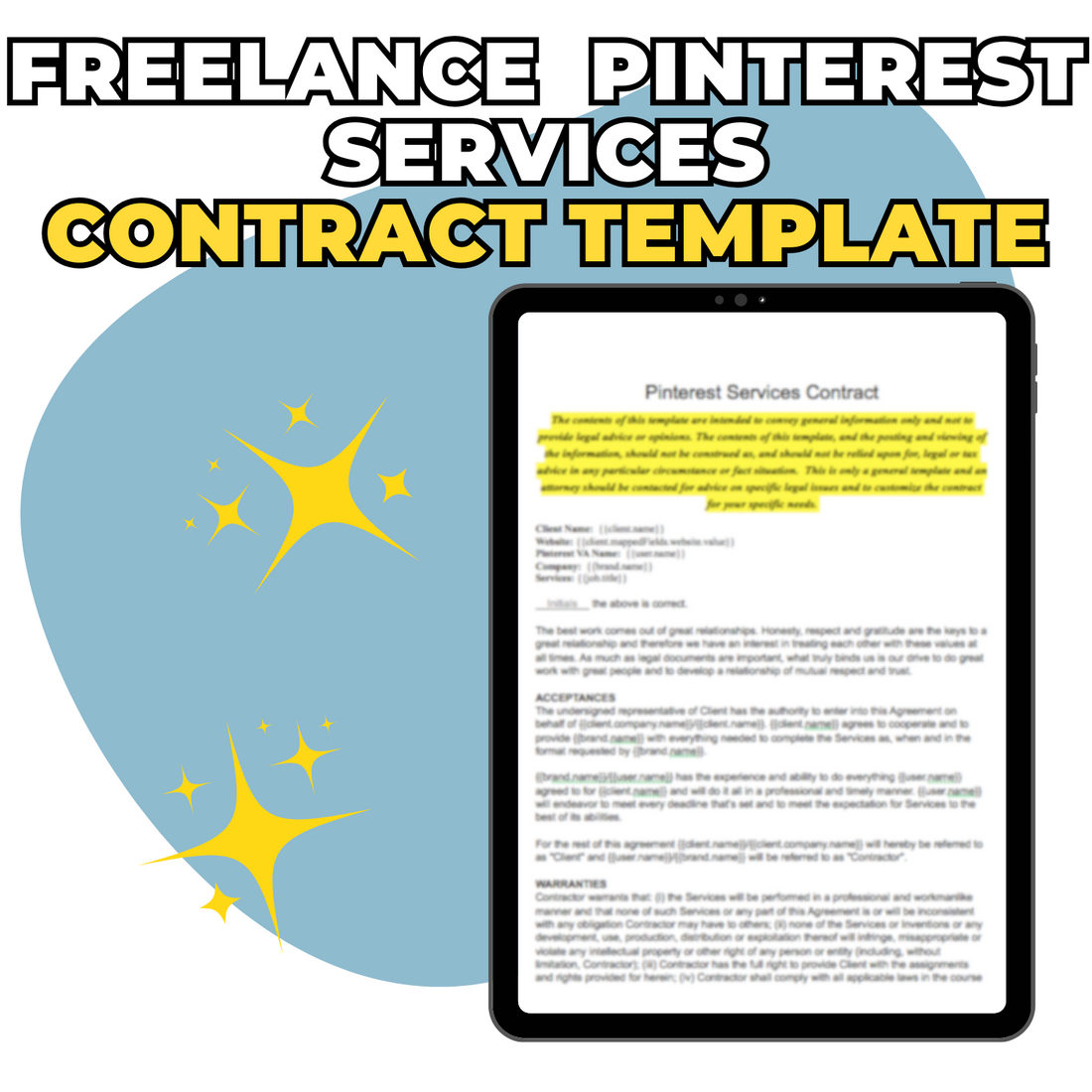 Graphic showing a tablet displaying a ElizabethStapleton.com freelance Pinterest Manager contract template with sparkles and a blue background.