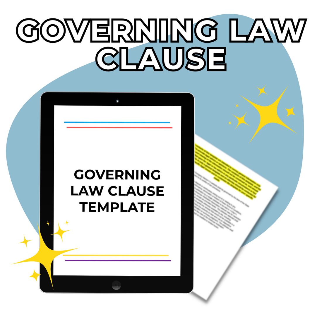 Tablet displaying an ElizabethStapleton.com Governing Law Clause template with a document and sparkle effects on a blue background.