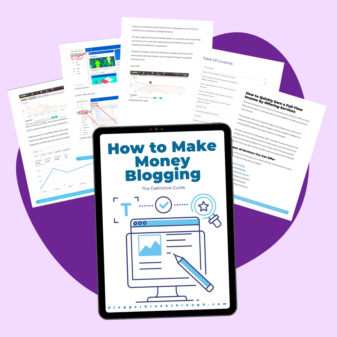 A digital tablet displaying the Blogger Breakthrough Summit e-book titled &quot;How to Make Money Blogging&quot; surrounded by various printed blogging guides and cheat sheets on a purple background.