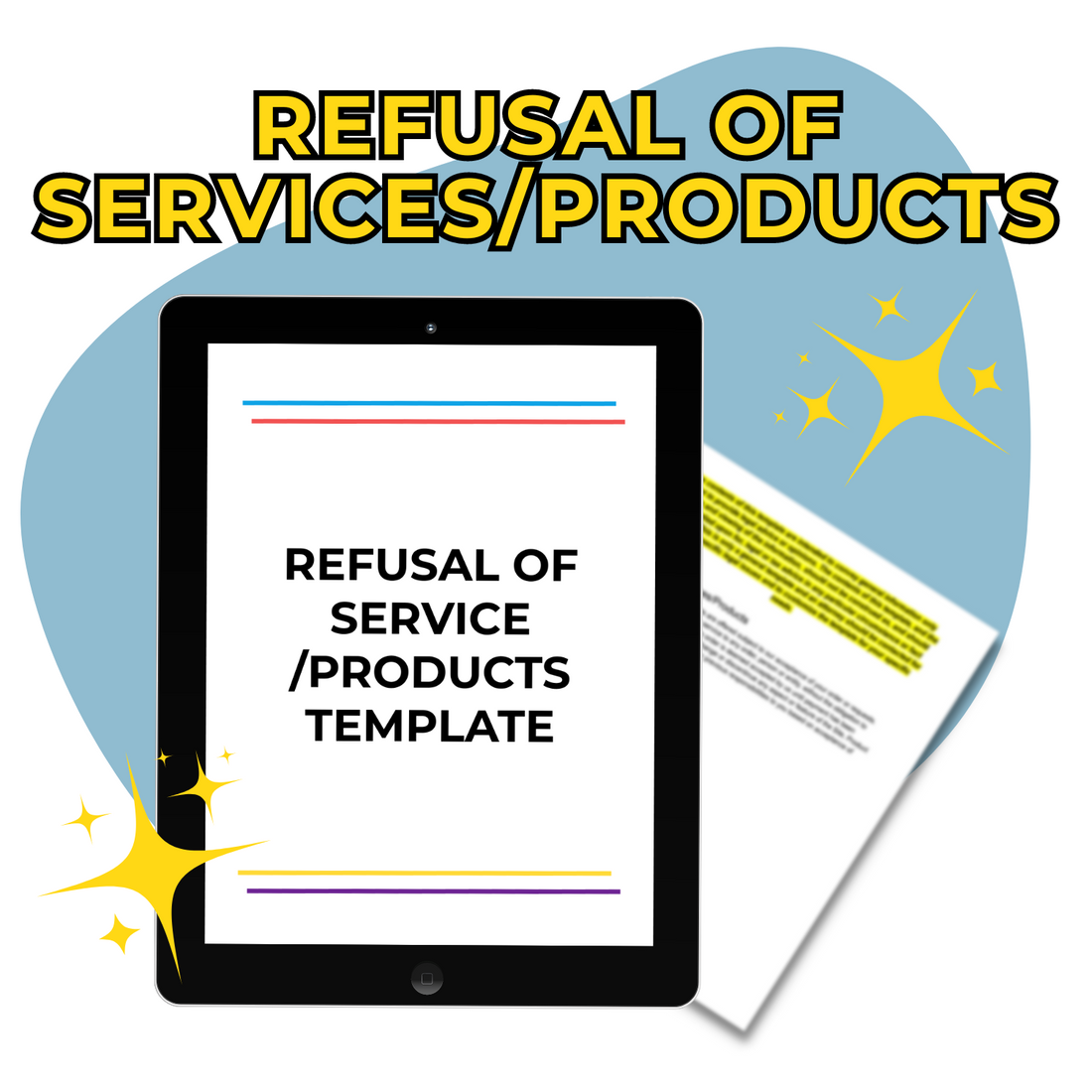 Graphic depicting a digital tablet displaying an &quot;ElizabethStapleton.com Refusal of Service/Products Clause Template&quot; alongside decorative star elements.