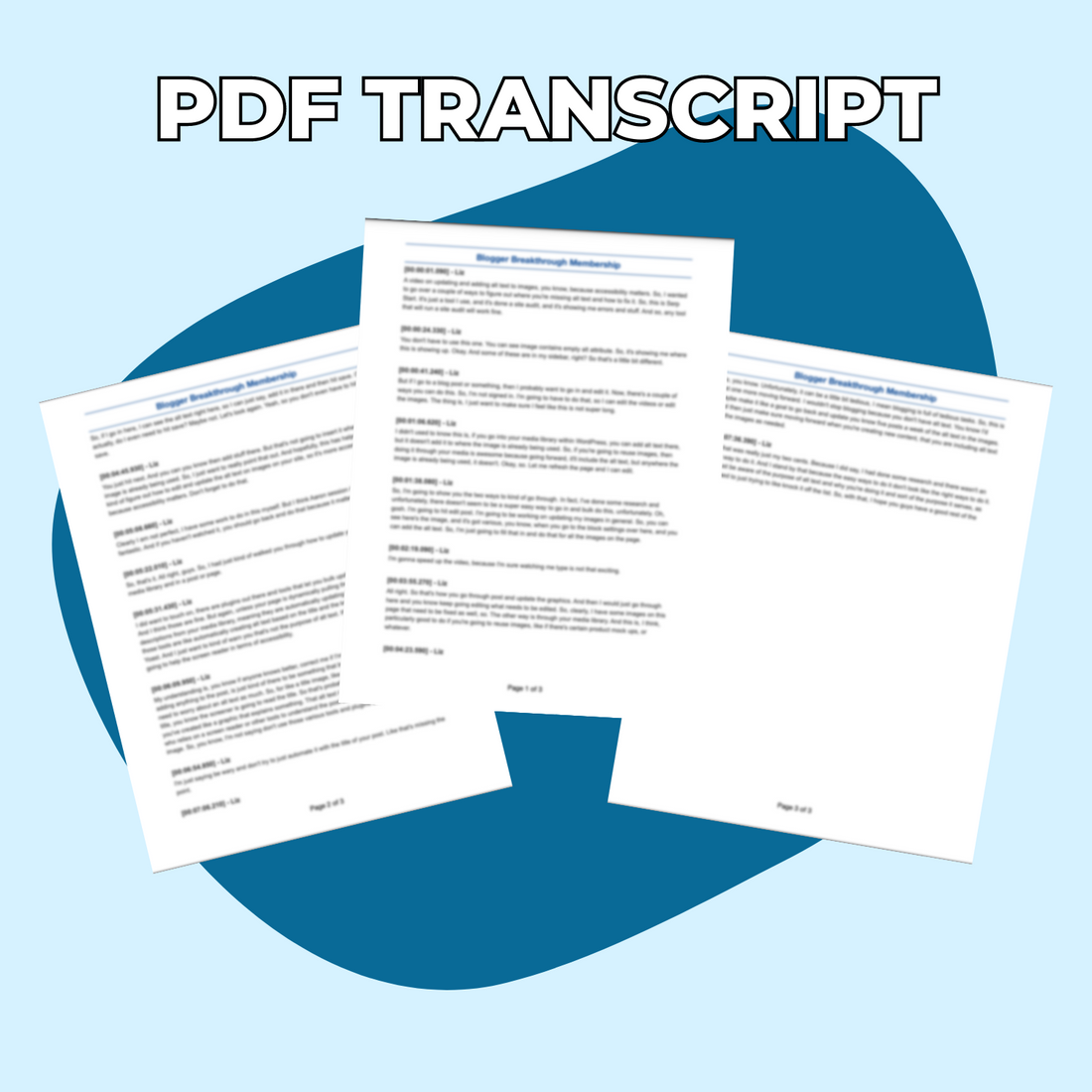 A Blogger Breakthrough Summit website with the words &quot;pdf transcript&quot; on a blue background.