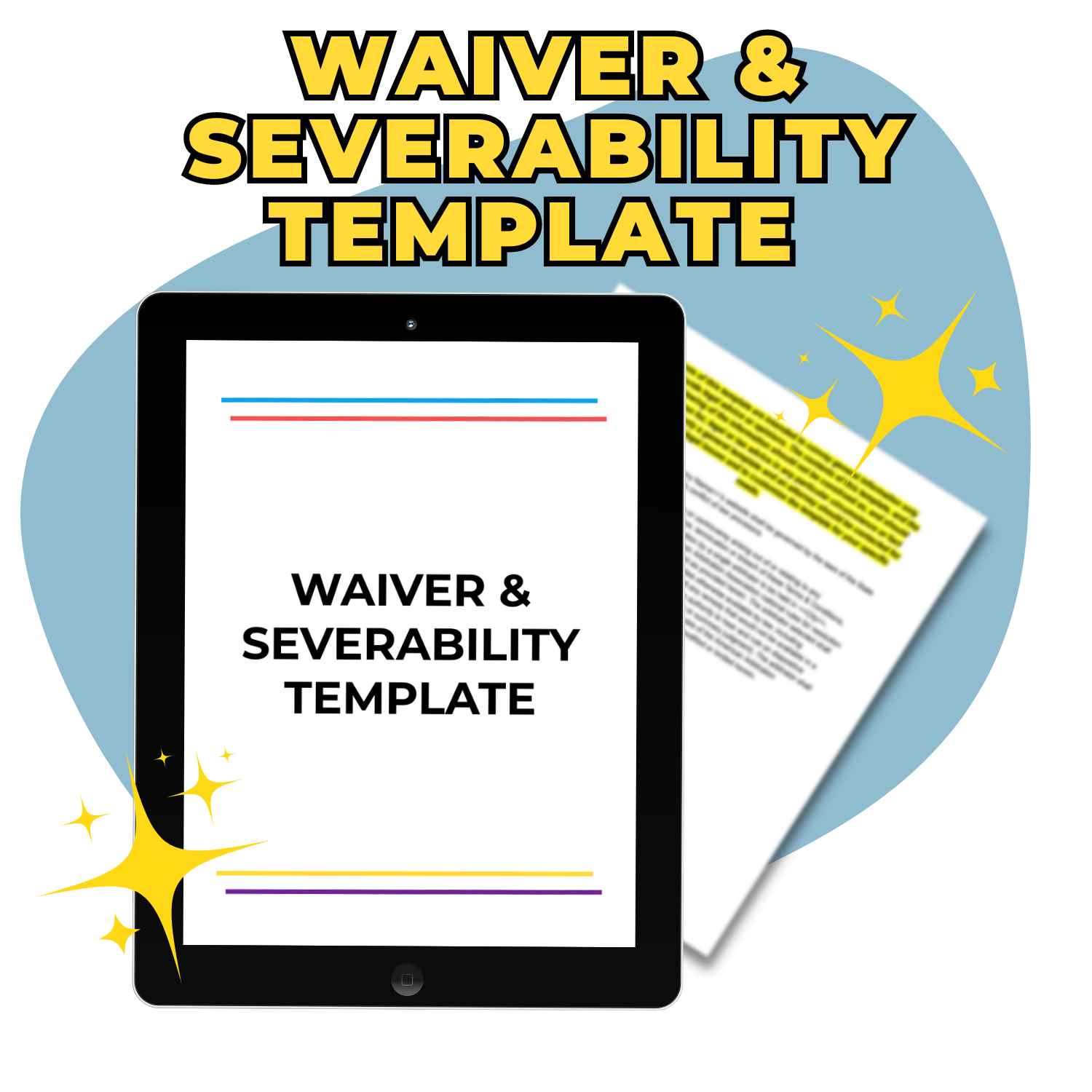Graphic of a Waiver &amp; Severability Clause Template from ElizabethStapleton.com displaying with a sparkle effect, overlaid on background circles with a document icon.