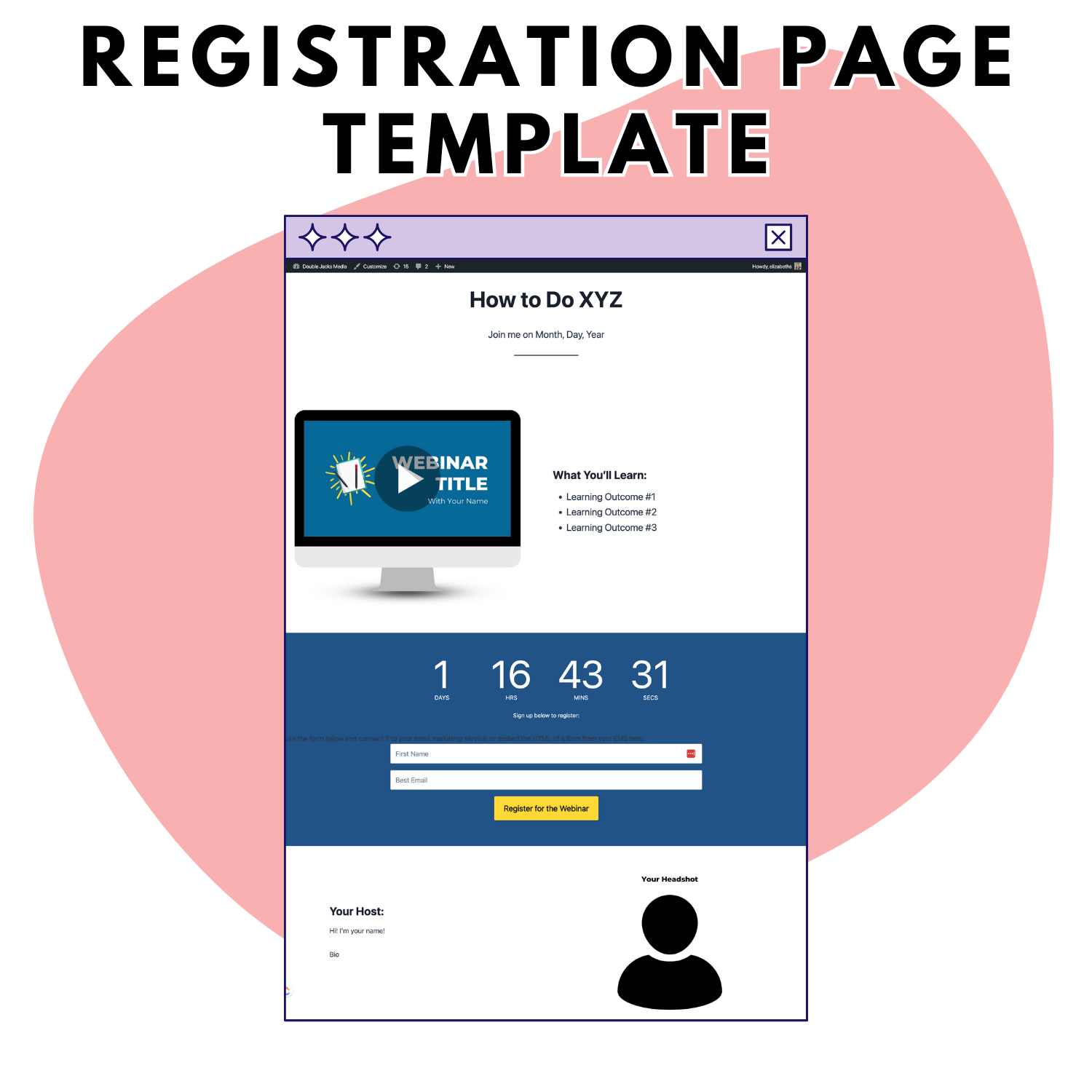 Screenshot of an Opt-in Landing Page for a webinar, featuring a countdown timer, &quot;Register for the Webinar&quot; button, and sections for the webinar title, learning outcomes, host details, and headshot. Created with Kadence Template Bundle by Blogger Breakthrough Summit for a seamless design experience.