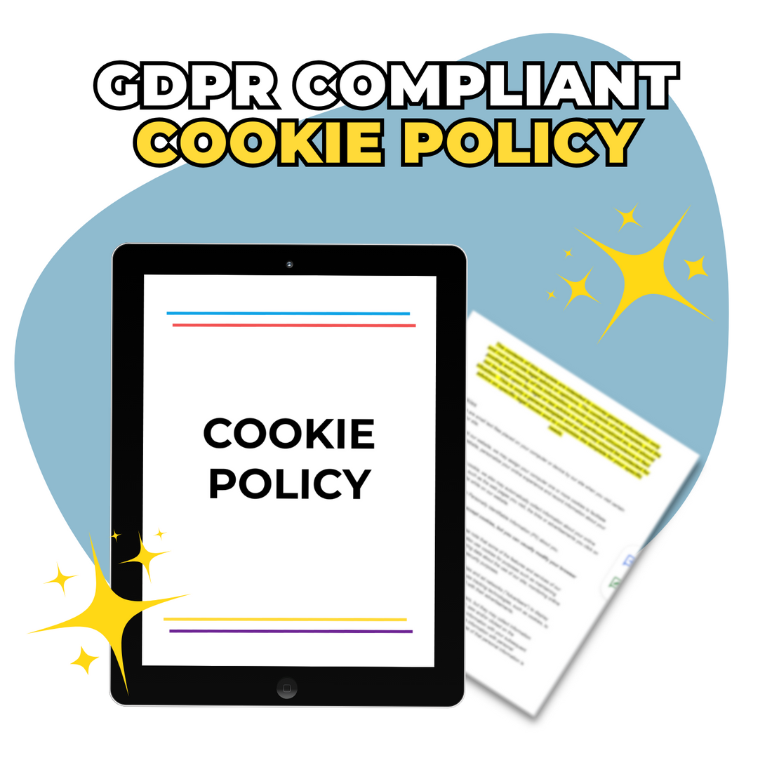 Tablet displaying &quot;Cookie Policy Template&quot; from the ElizabethStapleton.com Website Legal Templates Bundle, with a banner overhead saying &quot;GDPR compliant cookie policy&quot; and sparkles around.