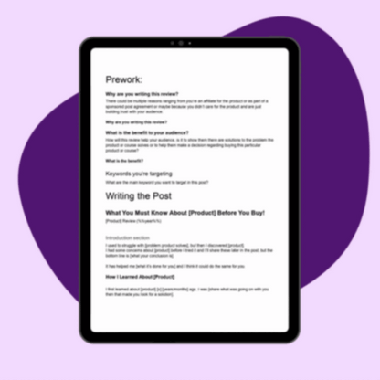 An iPad with step by step instructions for writing the perfect blog post on the Double Jacks Media Blog Post Template (Product or Course Review).