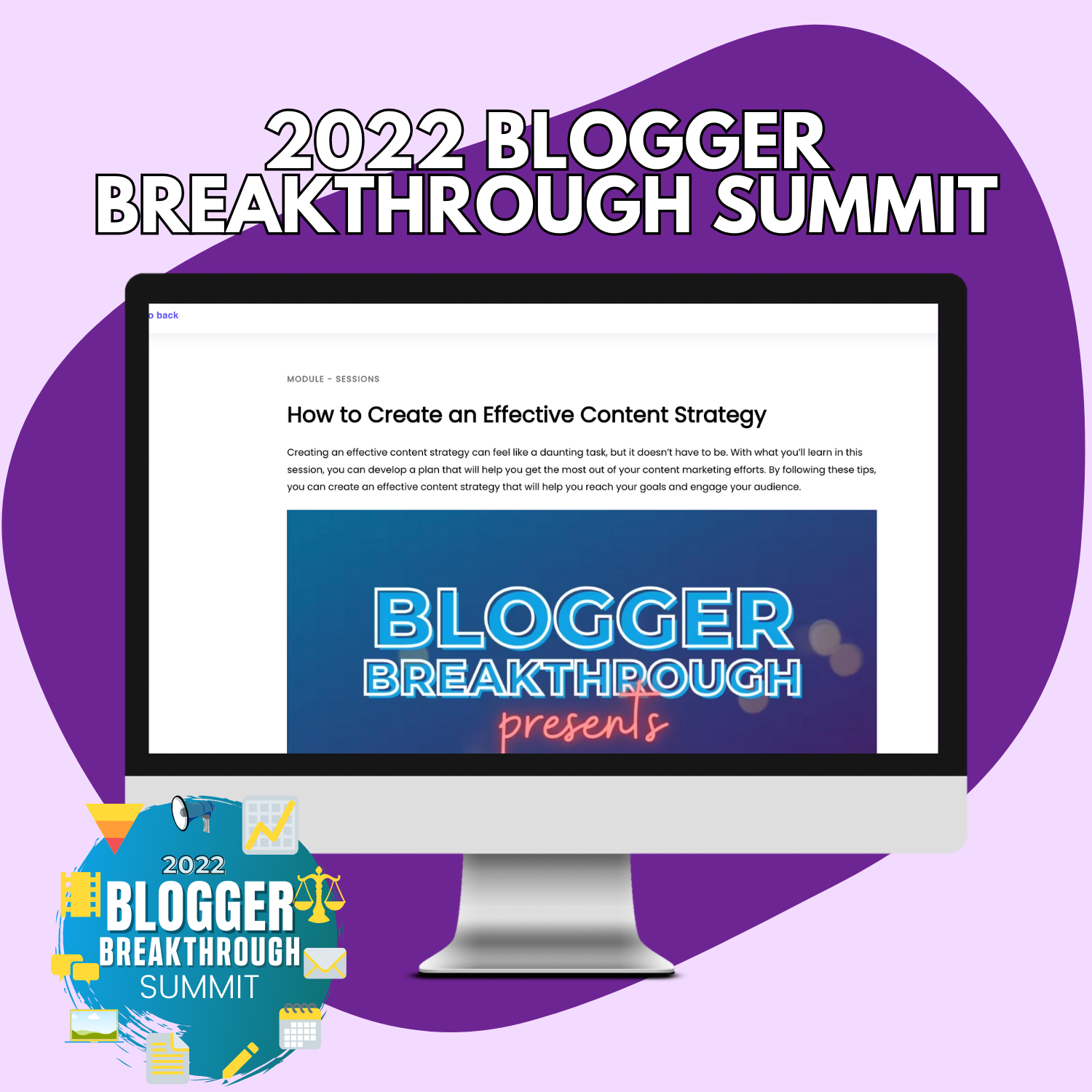 A computer screen with the words 2022 Blogger Breakthrough Summit Replay Pass by Blogger Breakthrough Summit.