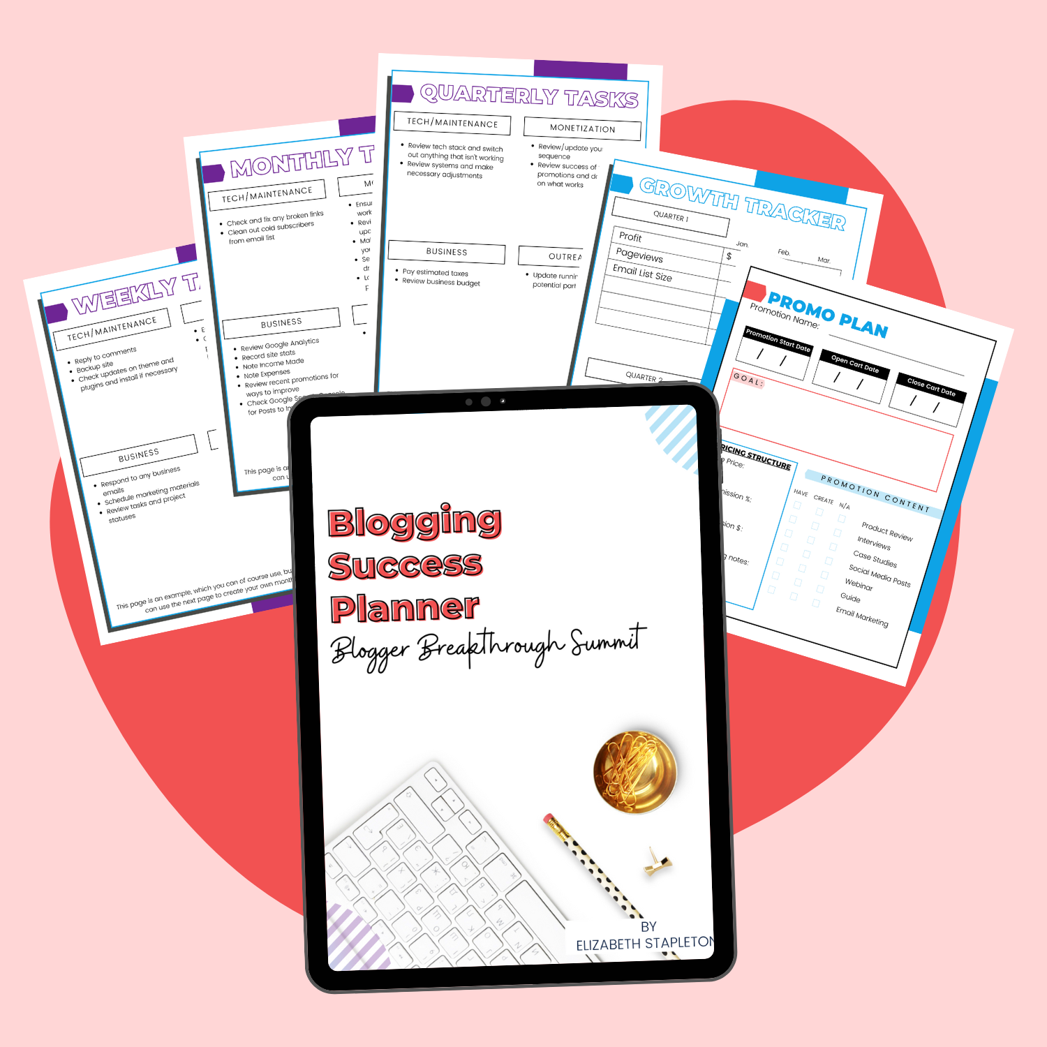 The Premium Blogging Success Planner by Blogger Breakthrough Summit is shown on an iPad.